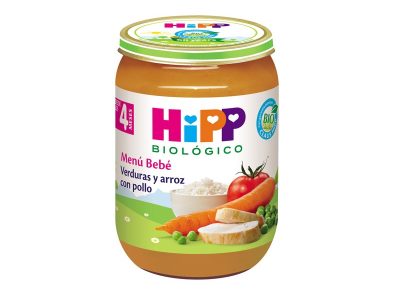 Tarrito de vegetais e arroz com bio +4m 190g Hipp Chicken